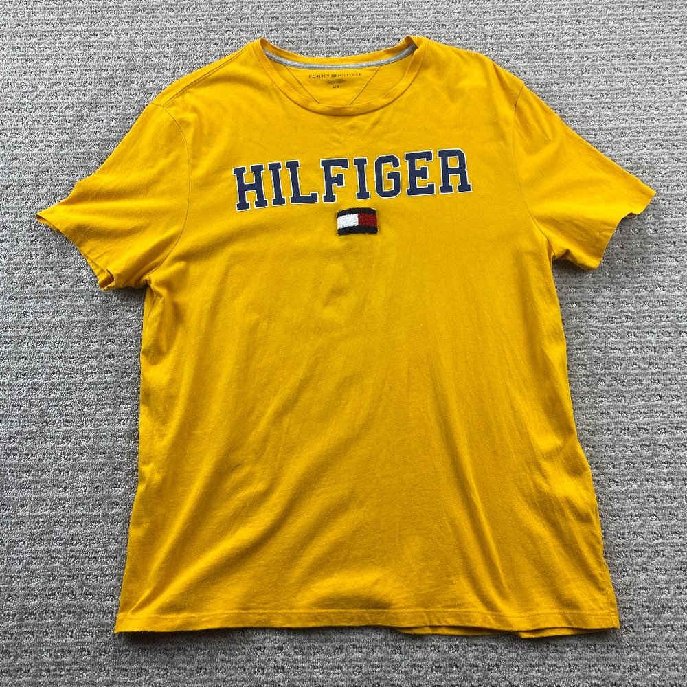 Tommy Hilfiger Shirt Adult Men Large L Yellow Spell Out Logo Fuzzy Tee